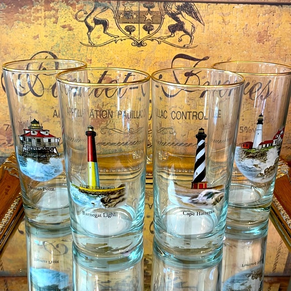 Four Lighthouse Motif Gold Rimmed 10 Oz Drinking Glasses Set Rare Find